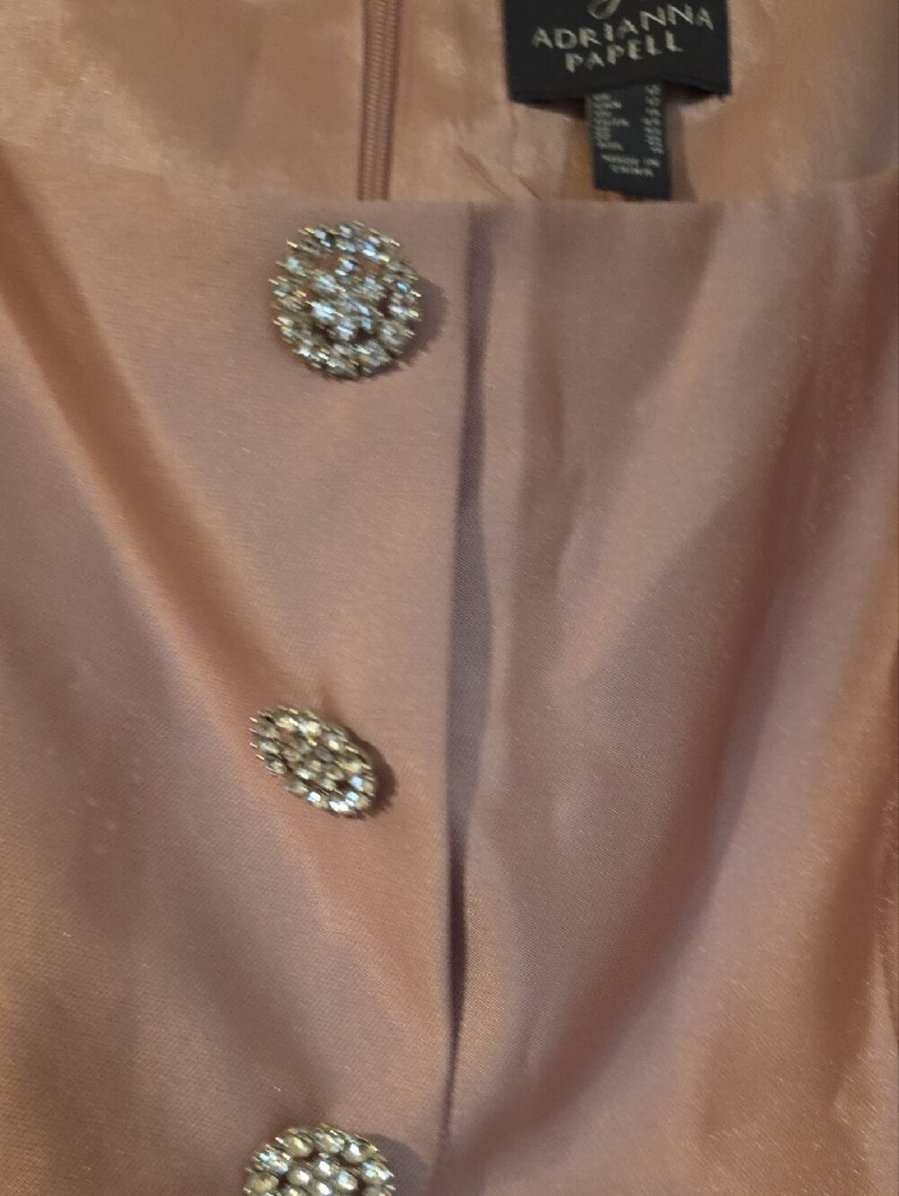 Adrianna Papell Rose-Mauve Satin Midi Dress with Crystal Buttons - Picture 4 of 9